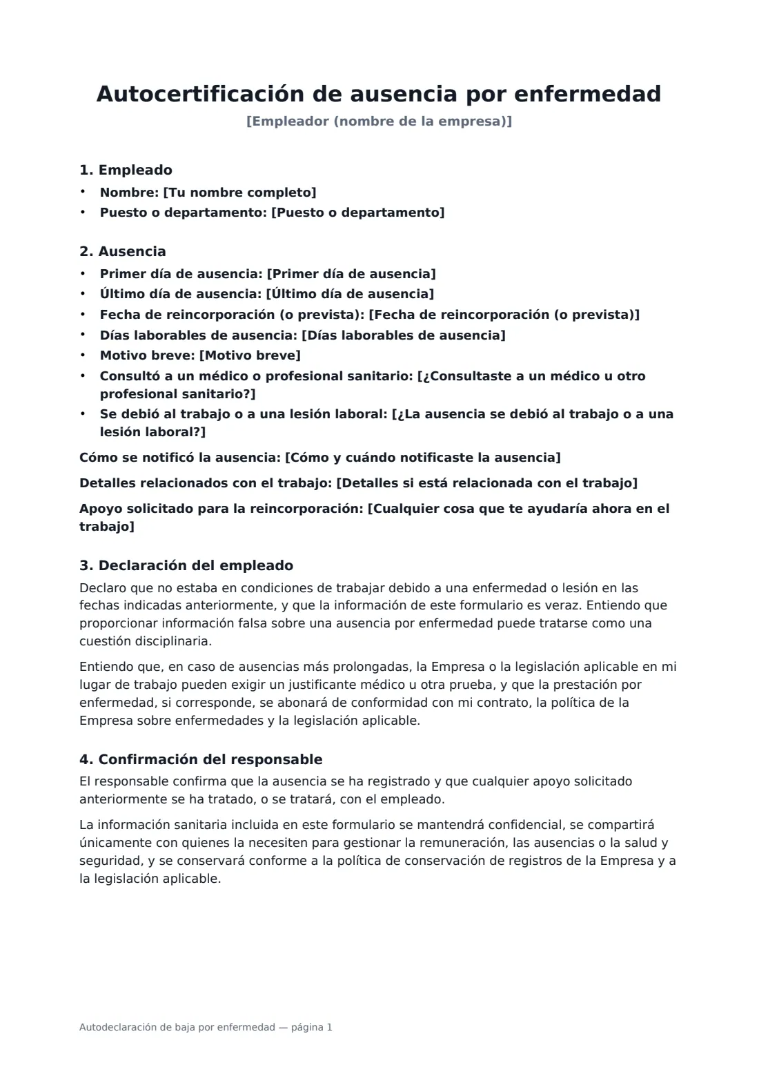 Autodeclaración de baja por enfermedad: página 1 de 2