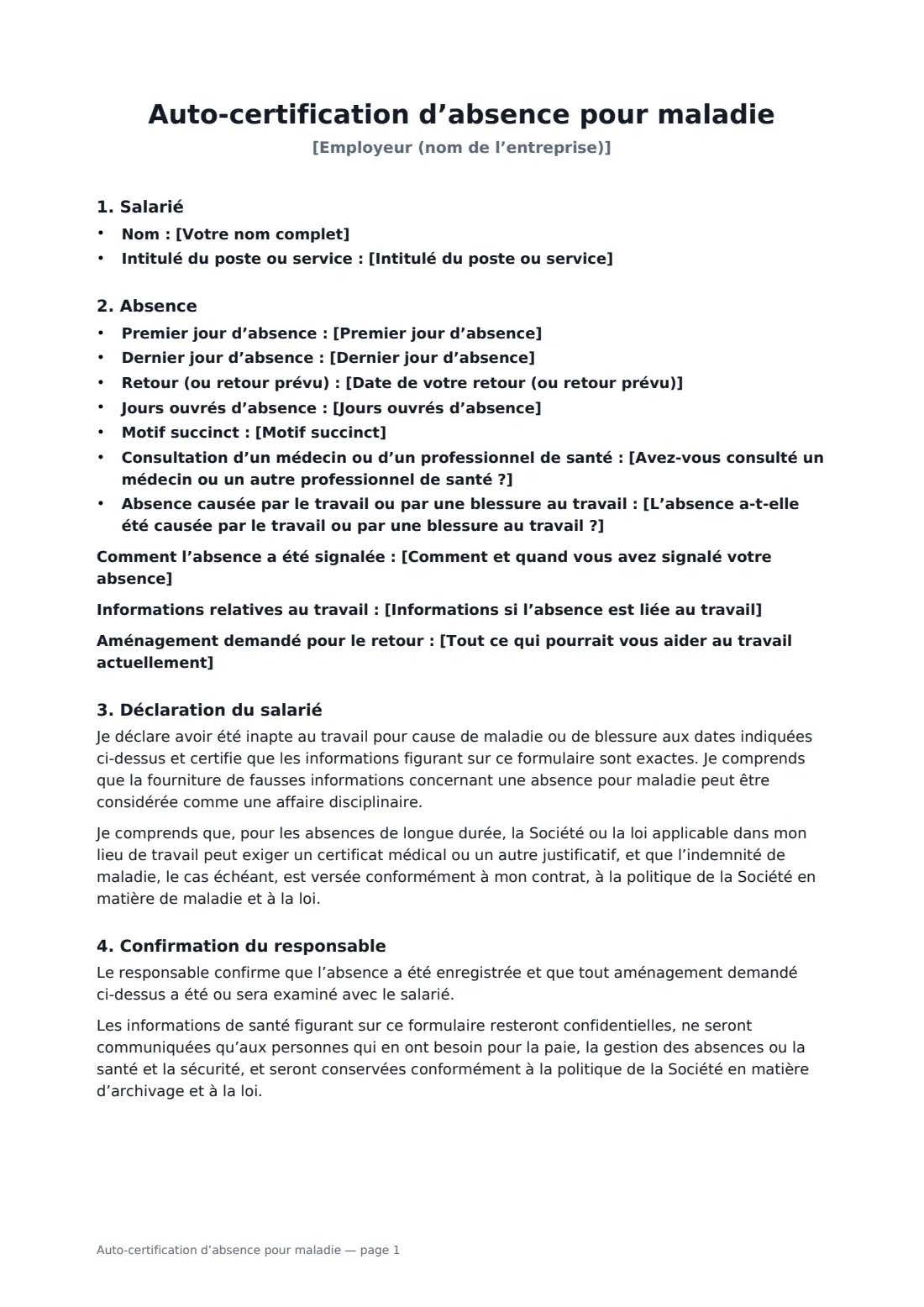 Auto-certification d’absence pour maladie — page 1 sur 2