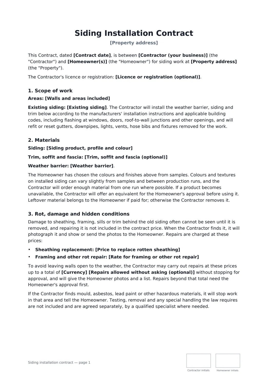 Siding installation contract — page 1 of 3