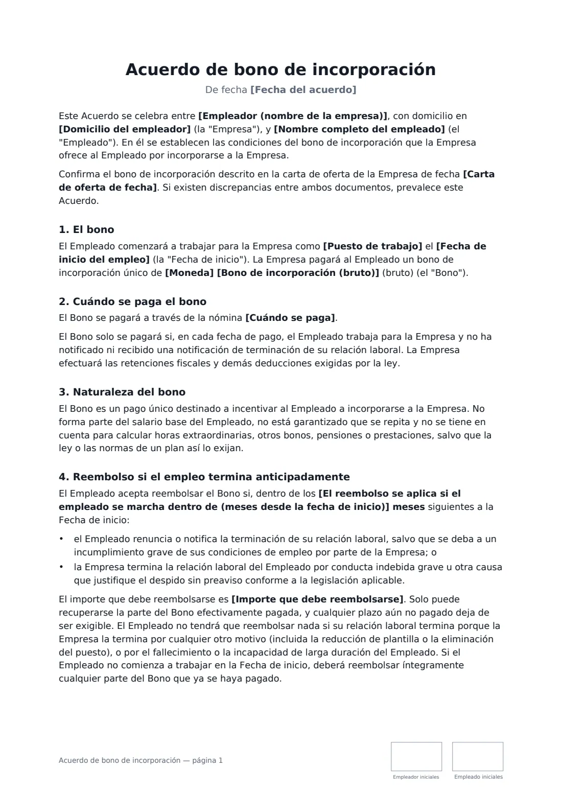 Acuerdo de bono de incorporación: página 1 de 2