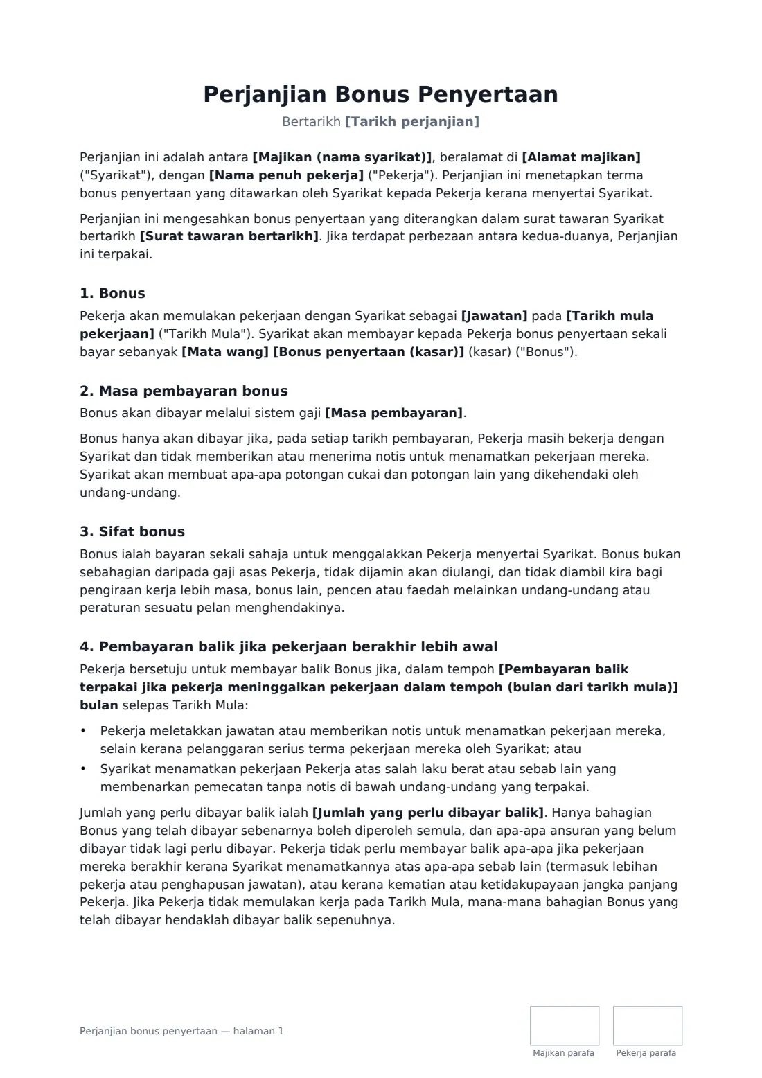 Perjanjian bonus penyertaan — halaman 1 daripada 2