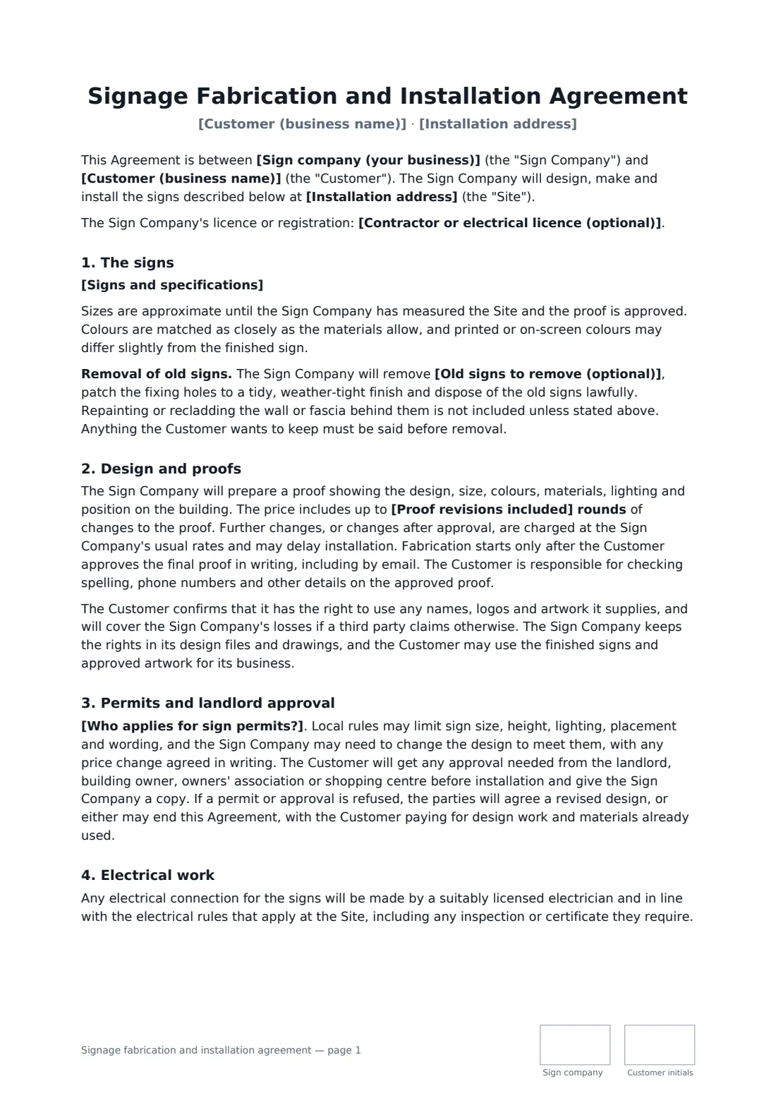 Signage fabrication and installation agreement — page 1 of 3