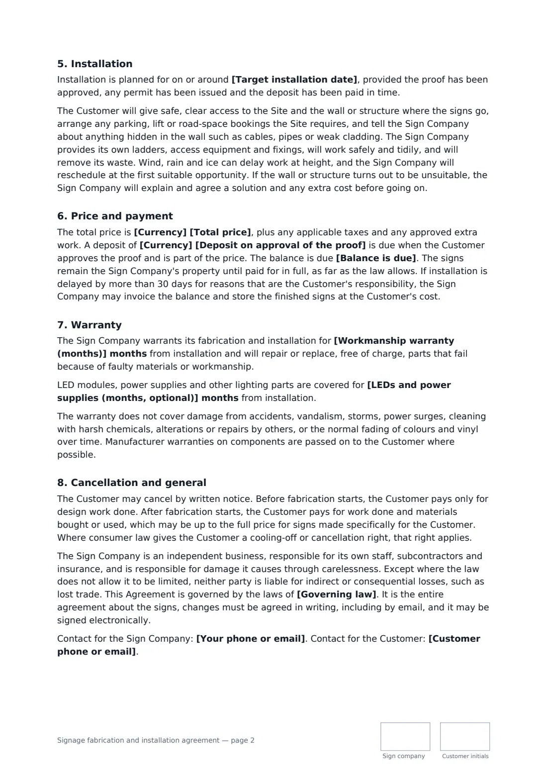 Signage fabrication and installation agreement — page 2 of 3