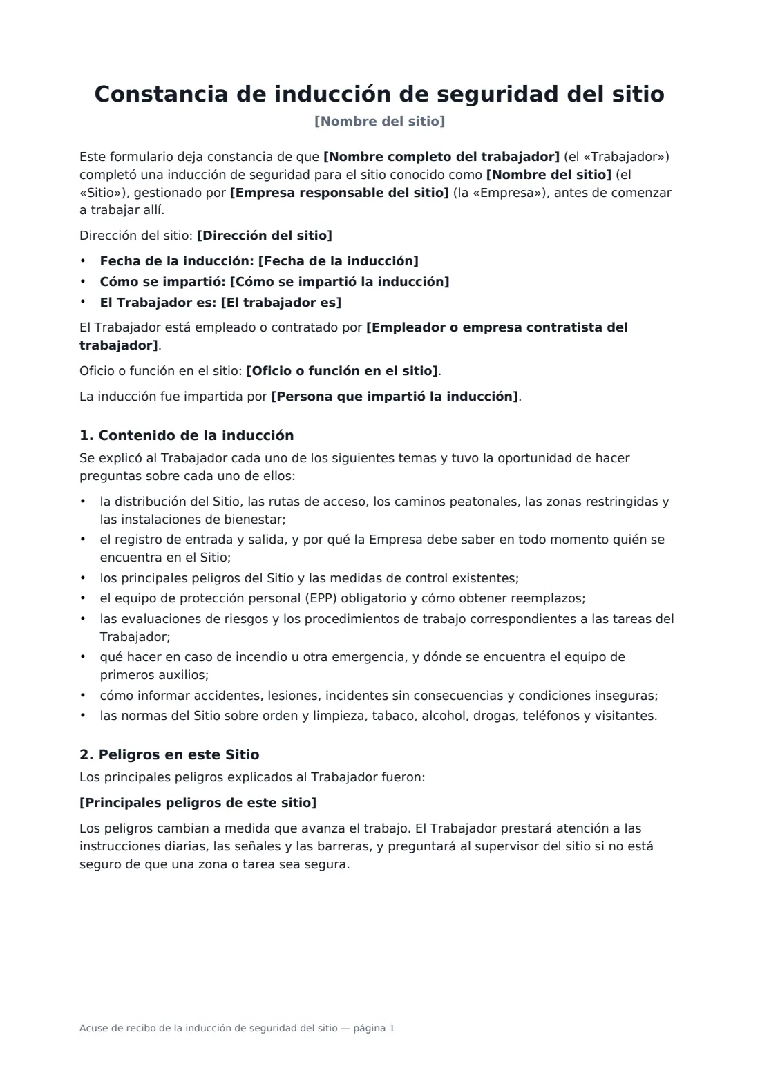 Acuse de recibo de la inducción de seguridad del sitio: página 1 de 3