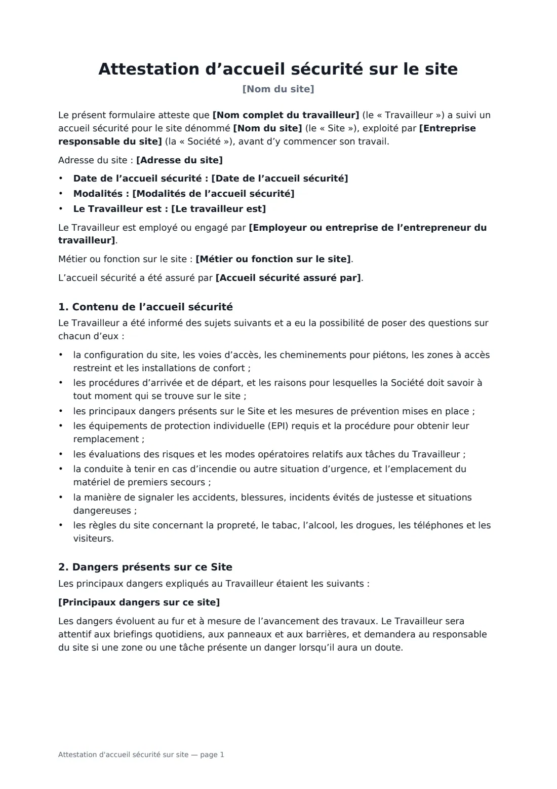 Attestation d'accueil sécurité sur site — page 1 sur 3