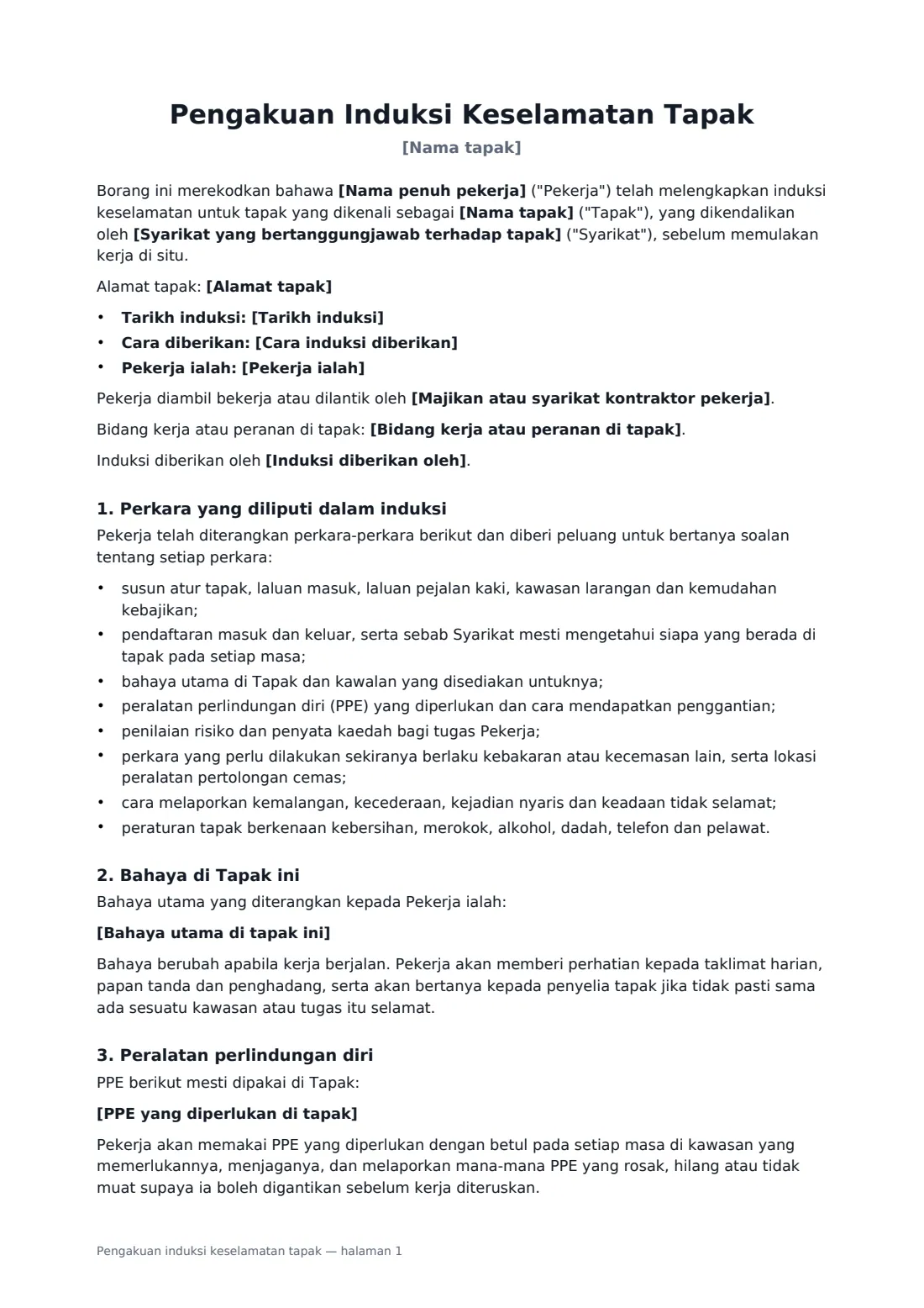 Pengakuan induksi keselamatan tapak — halaman 1 daripada 3