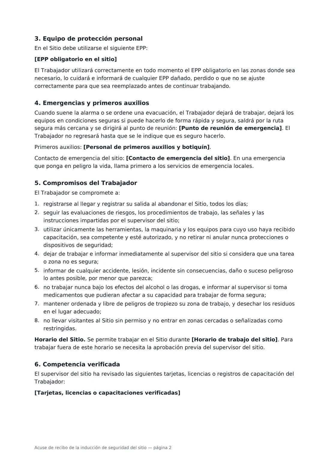 Acuse de recibo de la inducción de seguridad del sitio: página 2 de 3