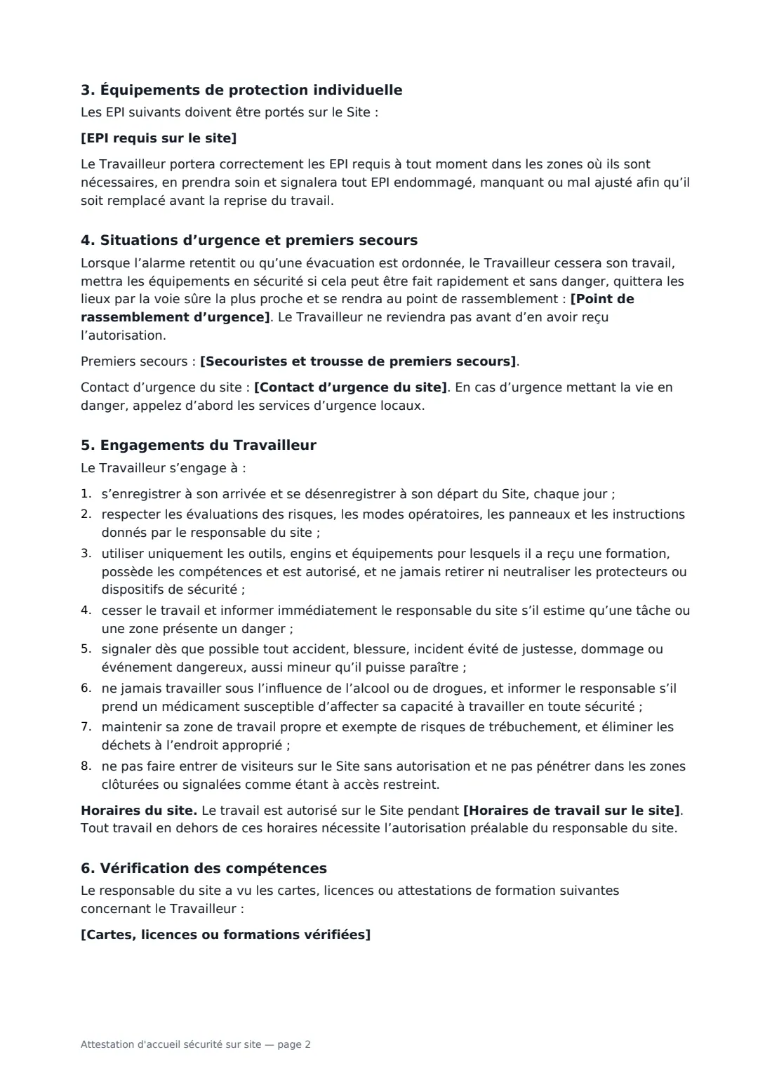 Attestation d'accueil sécurité sur site — page 2 sur 3
