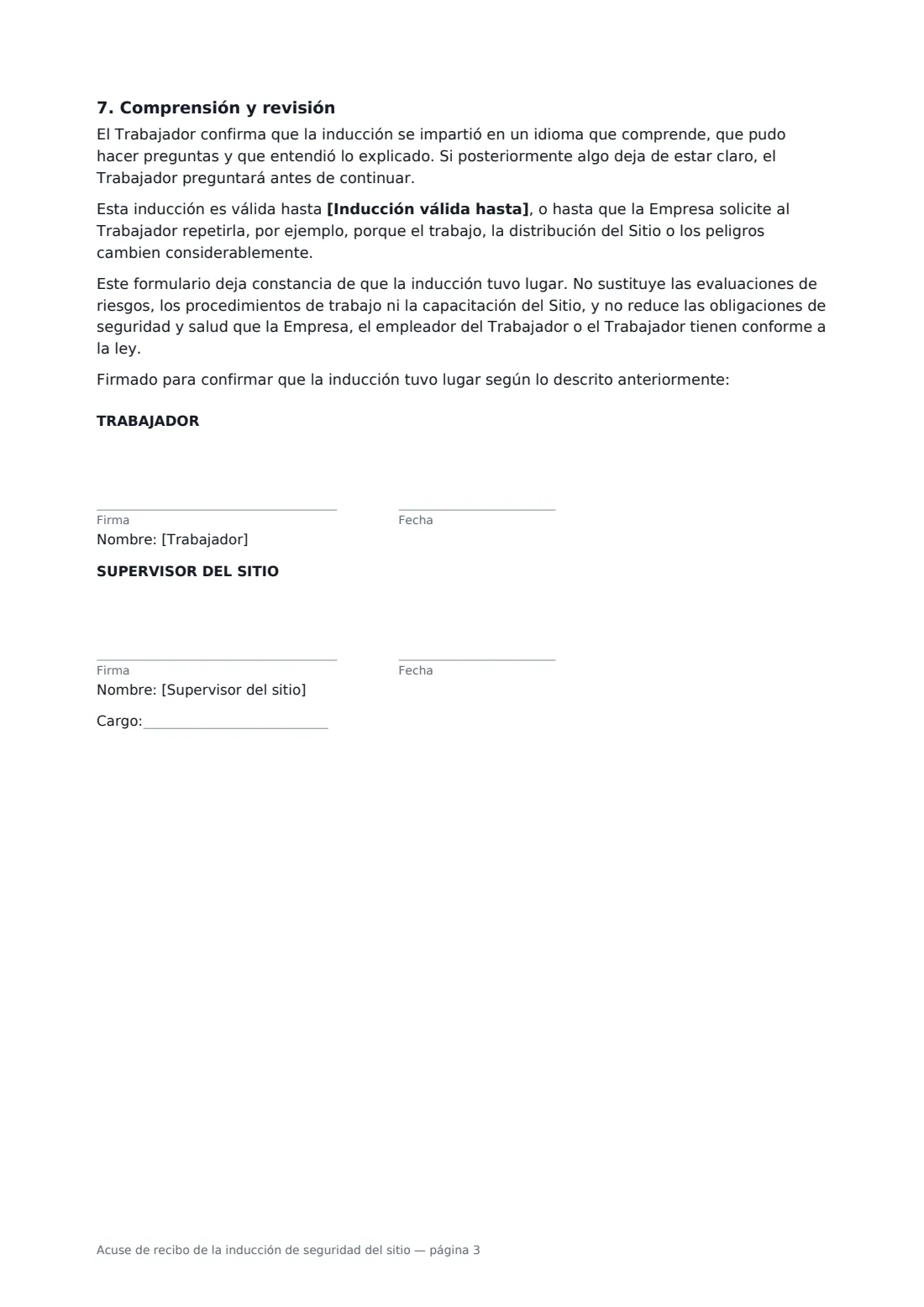 Acuse de recibo de la inducción de seguridad del sitio: página 3 de 3