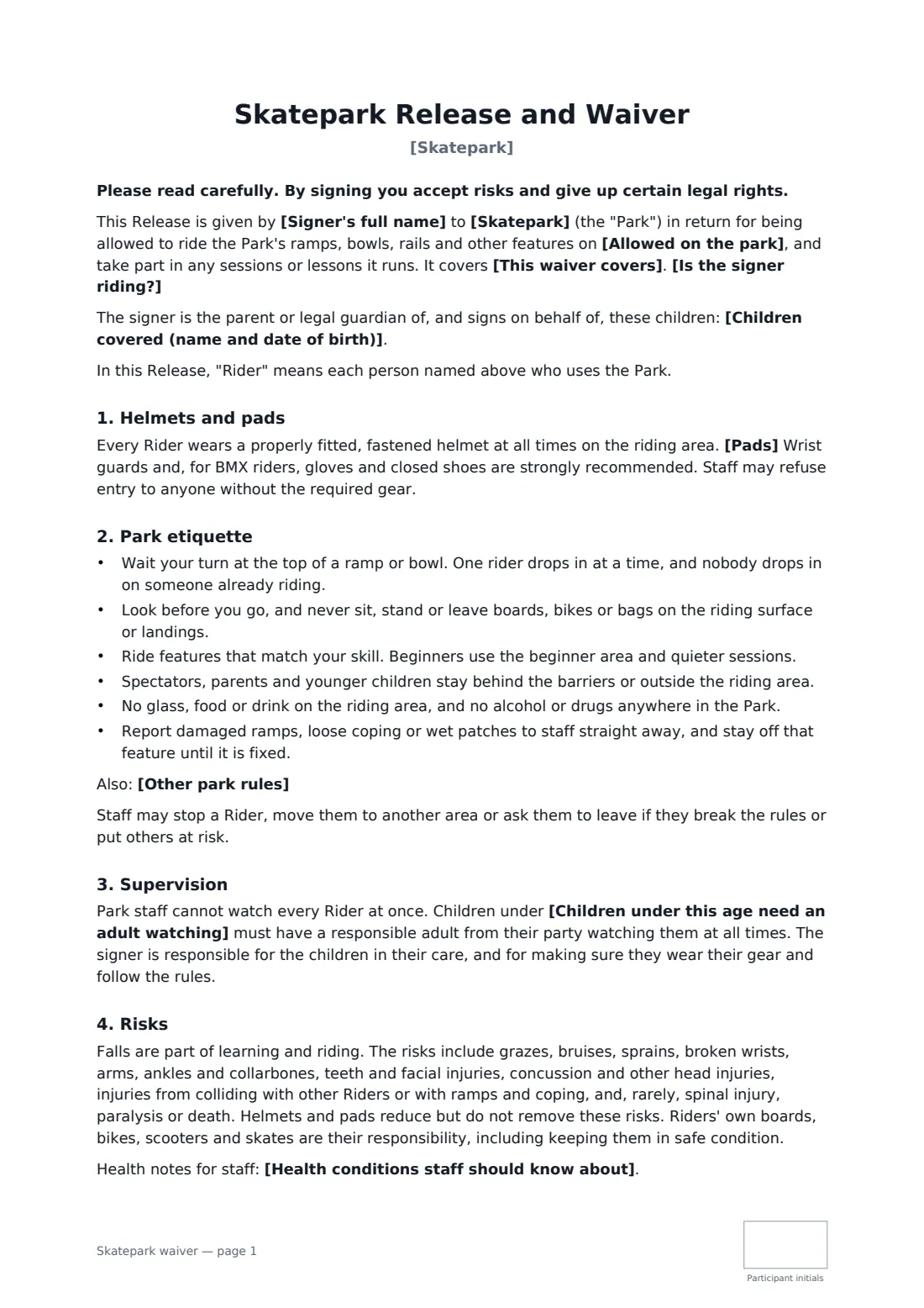 Skatepark waiver — page 1 of 2
