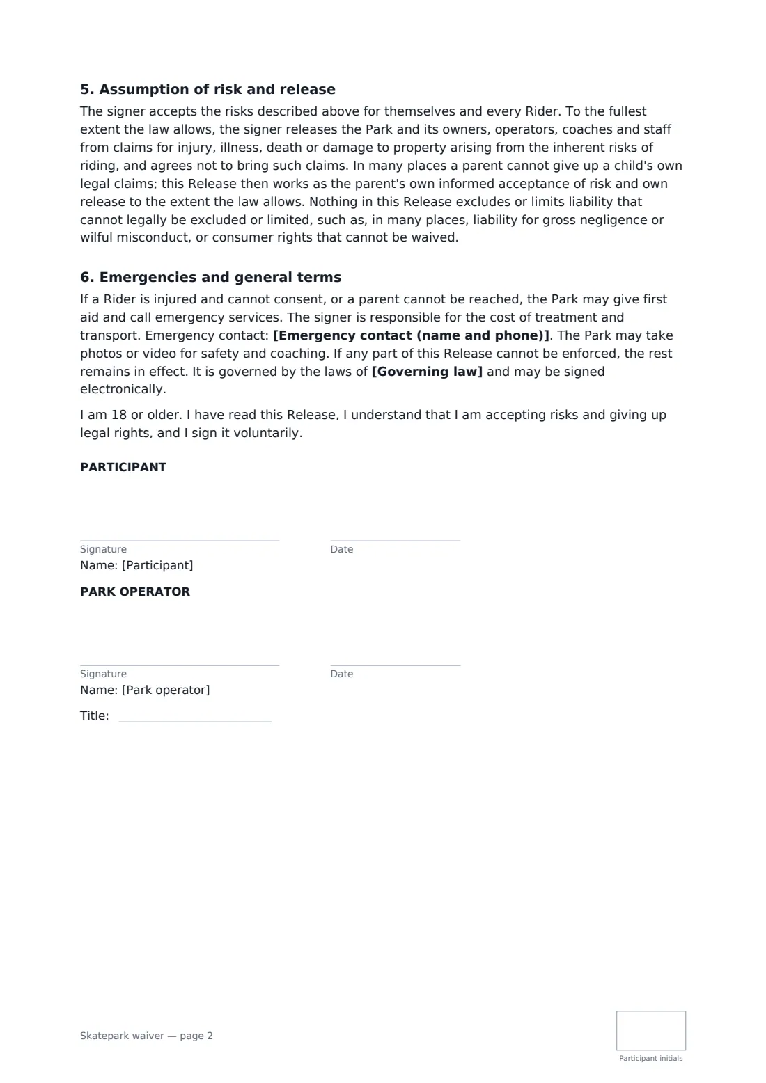 Skatepark waiver — page 2 of 2