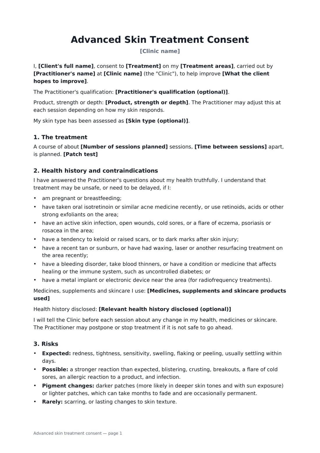 Advanced skin treatment consent — page 1 of 2