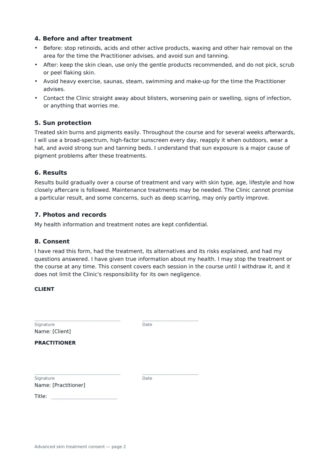 Advanced skin treatment consent — page 2 of 2