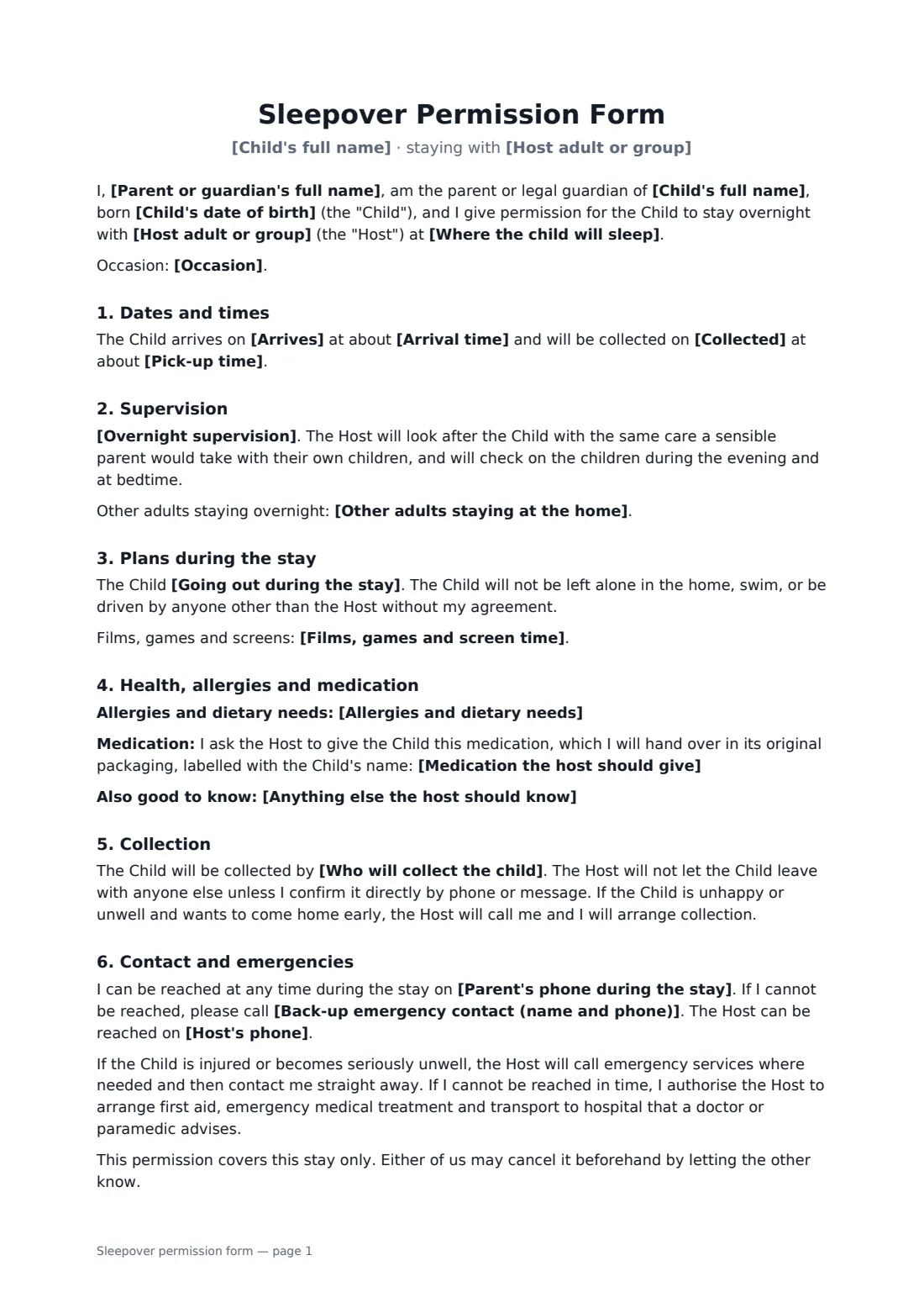 Sleepover permission form — page 1 of 2