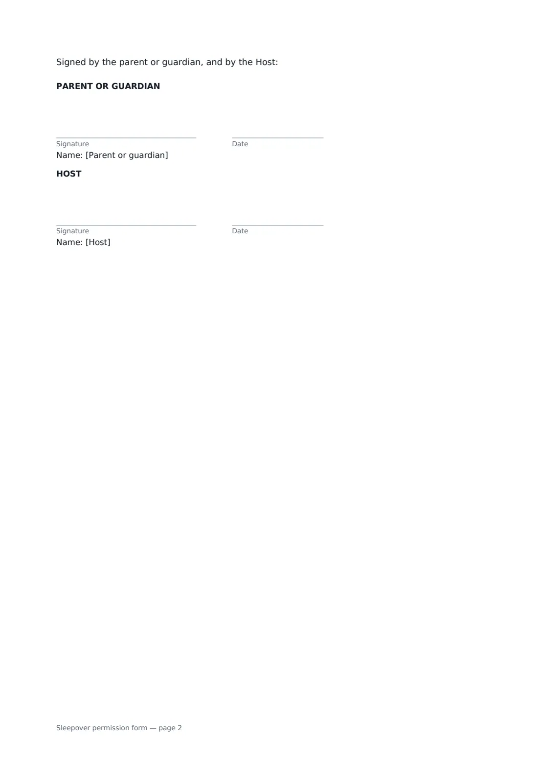Sleepover permission form — page 2 of 2