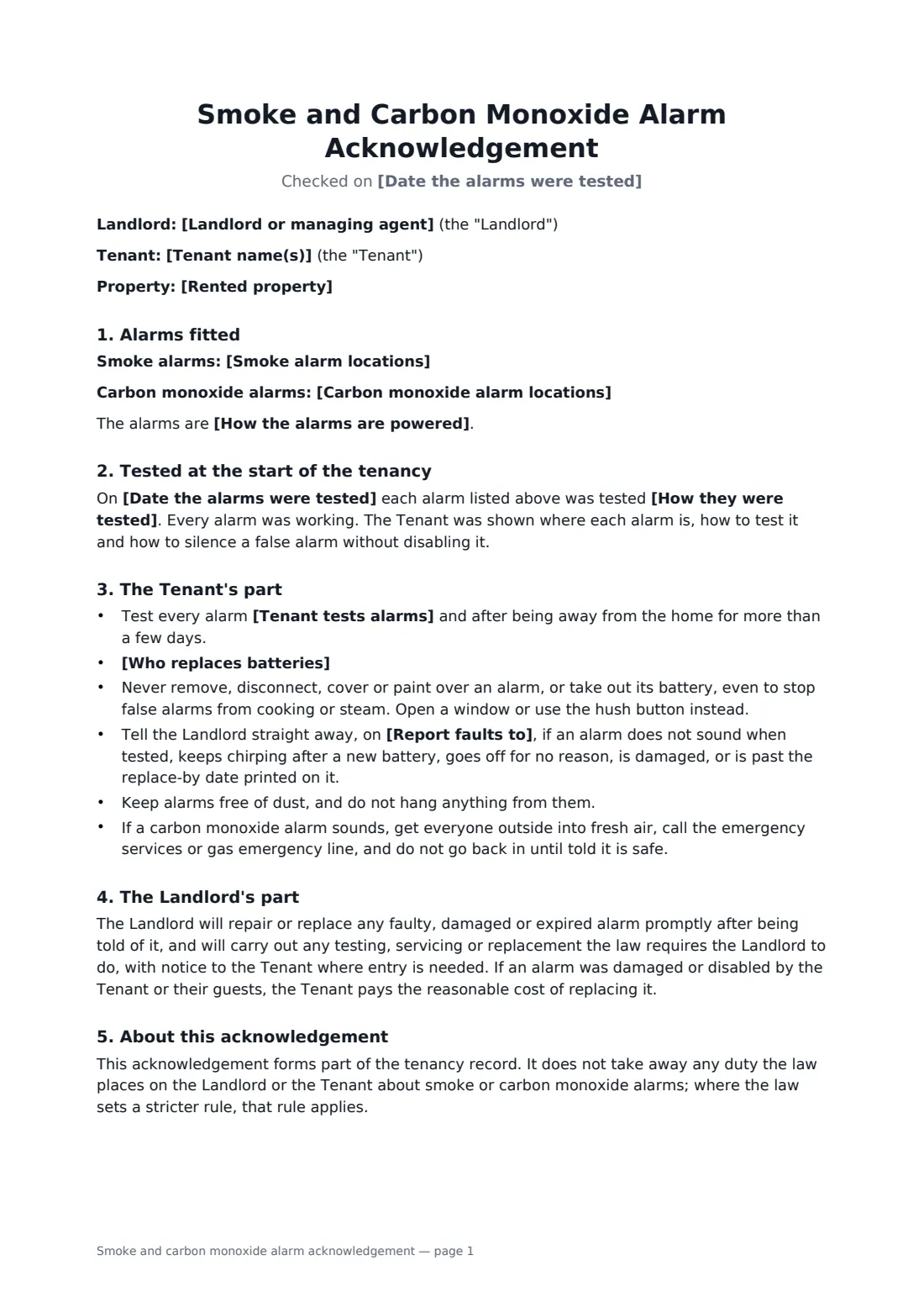 Smoke and carbon monoxide alarm acknowledgement — page 1 of 2