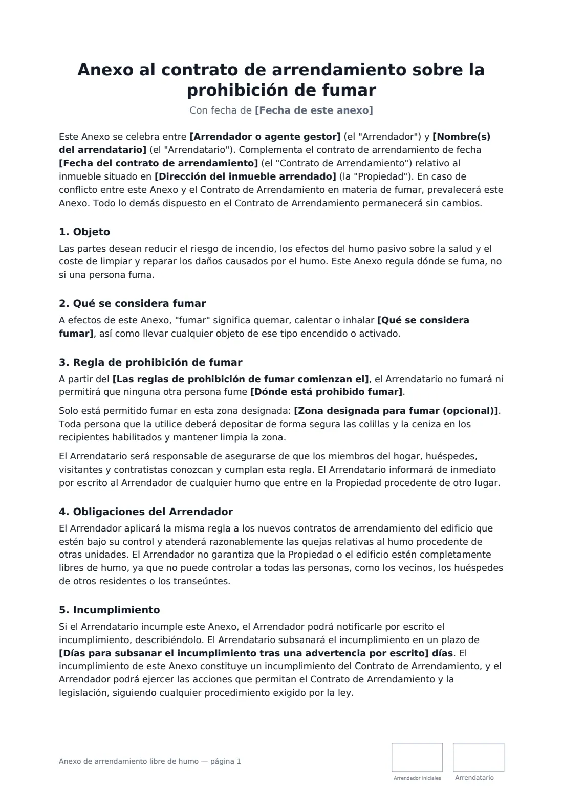 Anexo de arrendamiento libre de humo: página 1 de 2