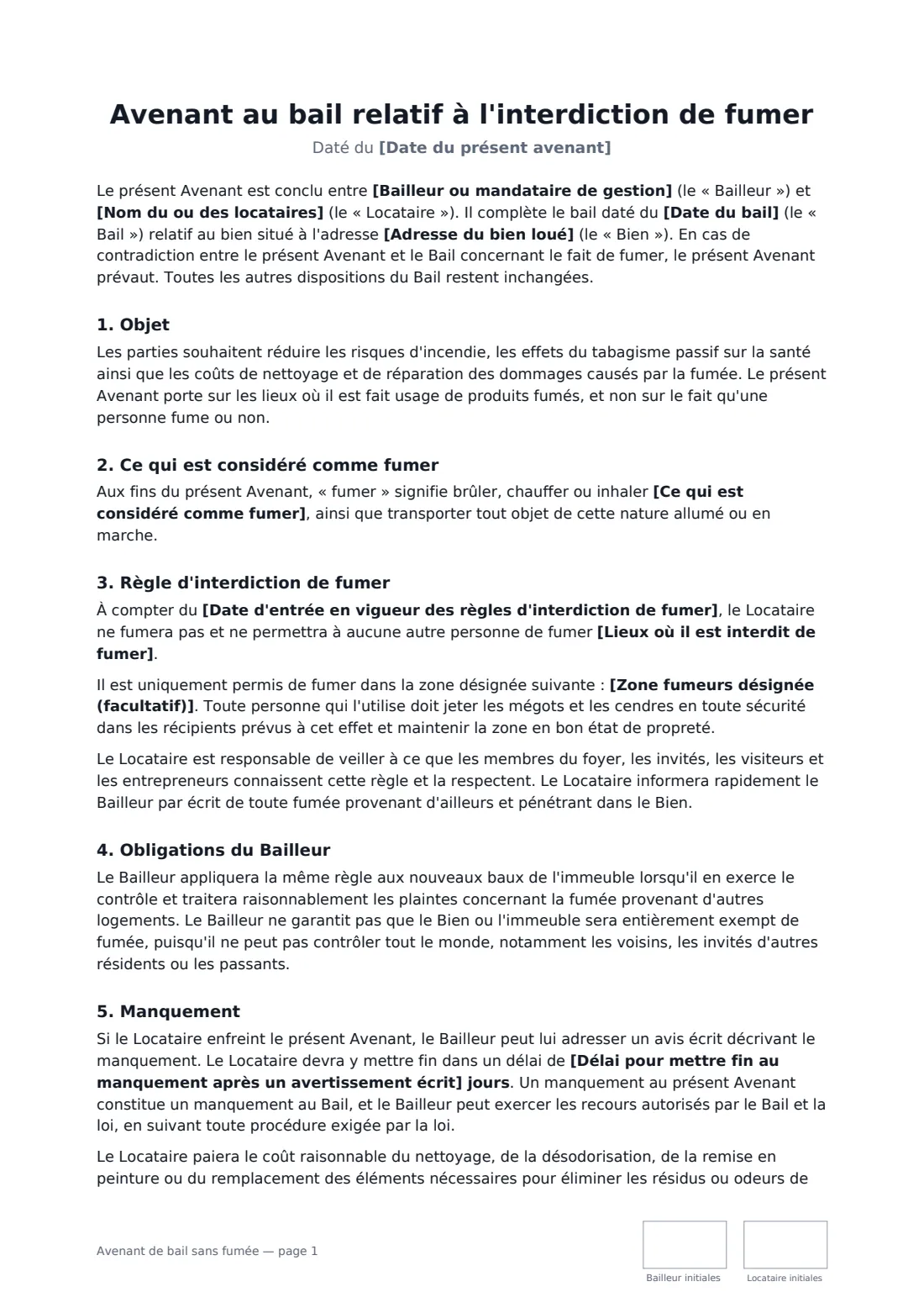 Avenant de bail sans fumée — page 1 sur 2