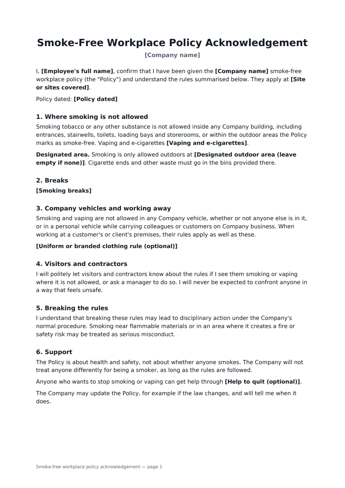 Smoke-free workplace policy acknowledgement — page 1 of 2