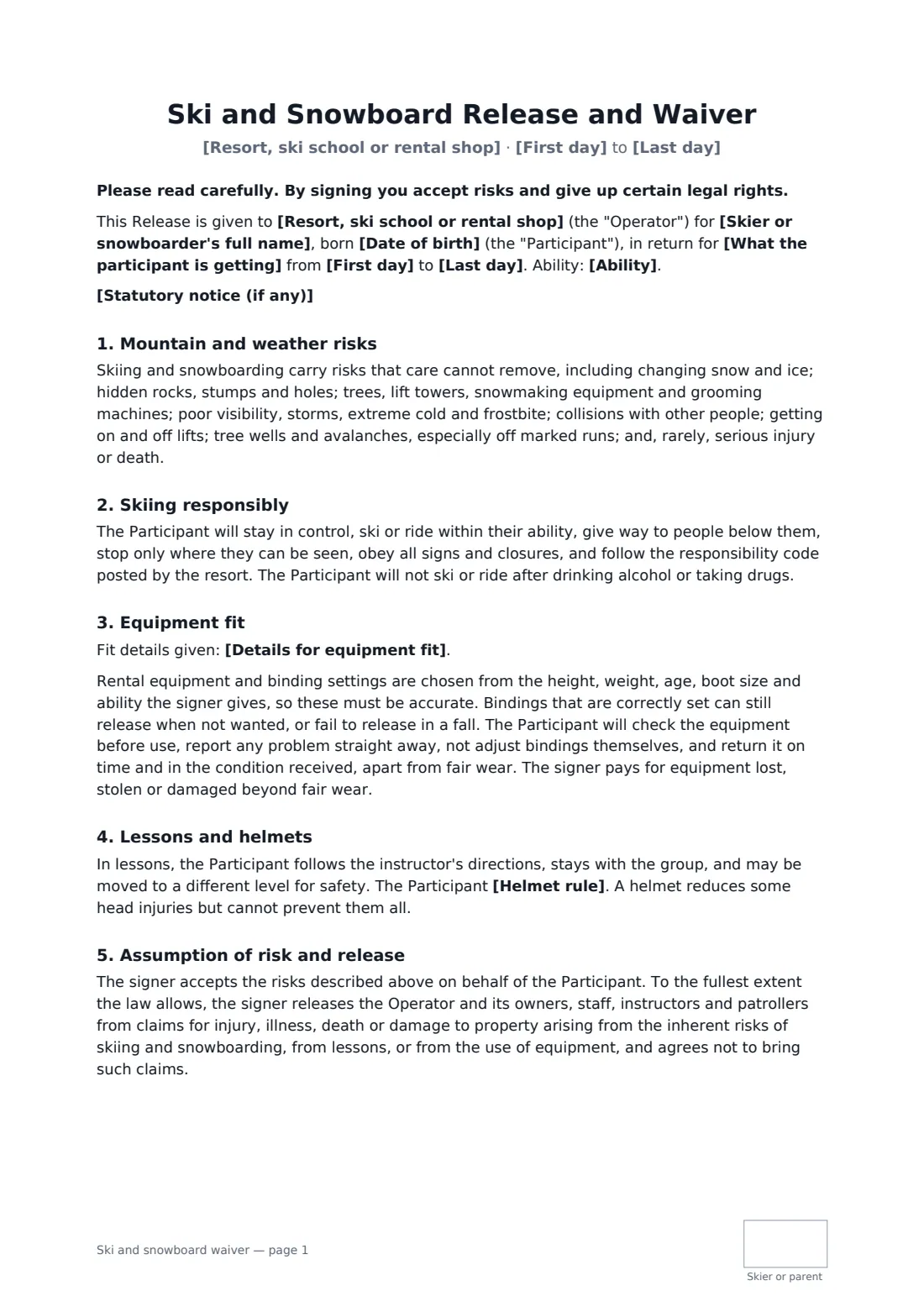 Ski and snowboard waiver — page 1 of 2