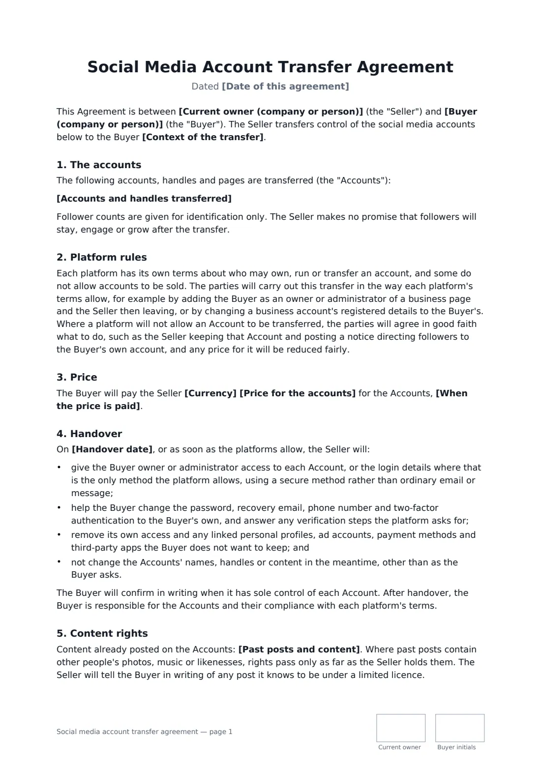 Social media account transfer agreement — page 1 of 2