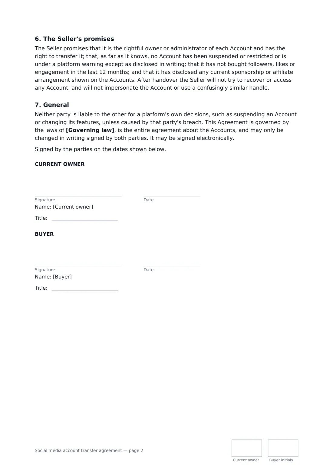 Social media account transfer agreement — page 2 of 2