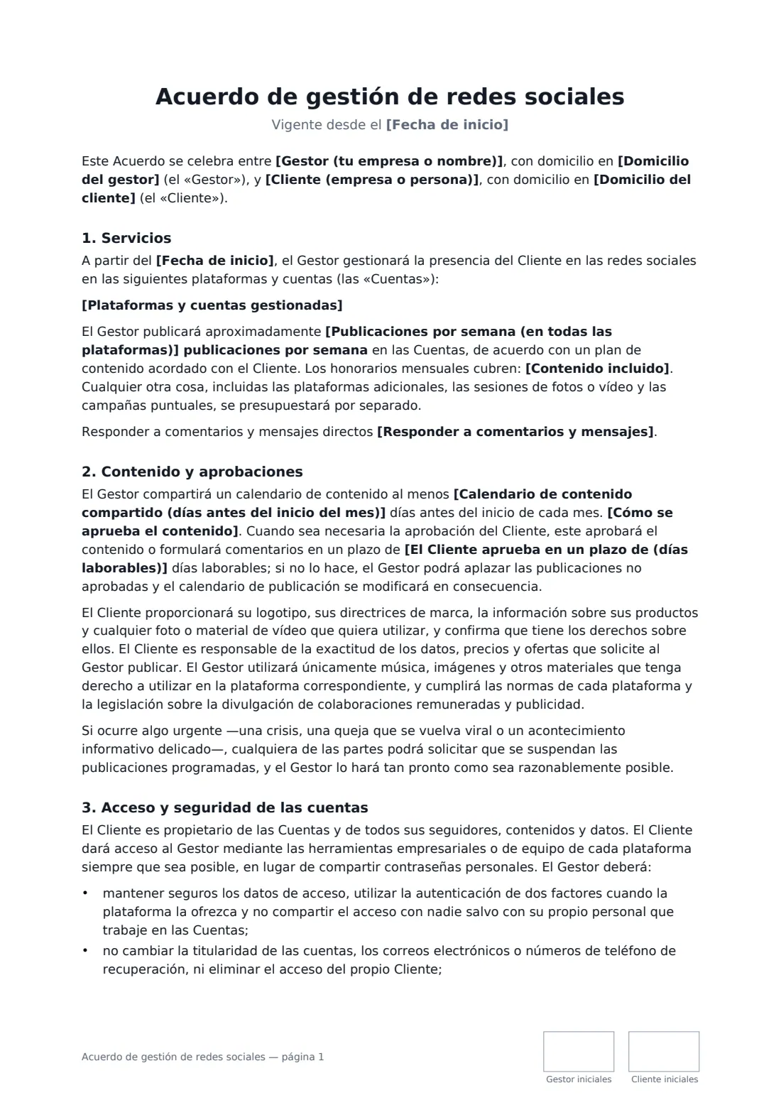Acuerdo de gestión de redes sociales: página 1 de 3