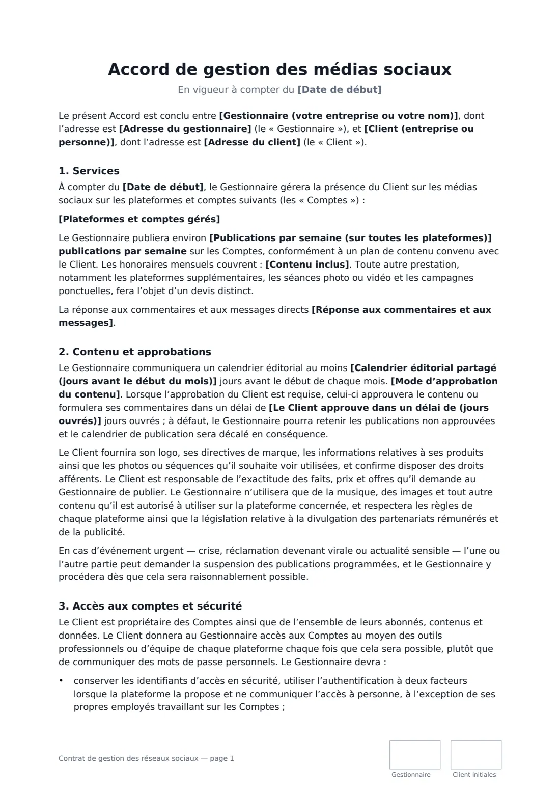 Contrat de gestion des réseaux sociaux — page 1 sur 3