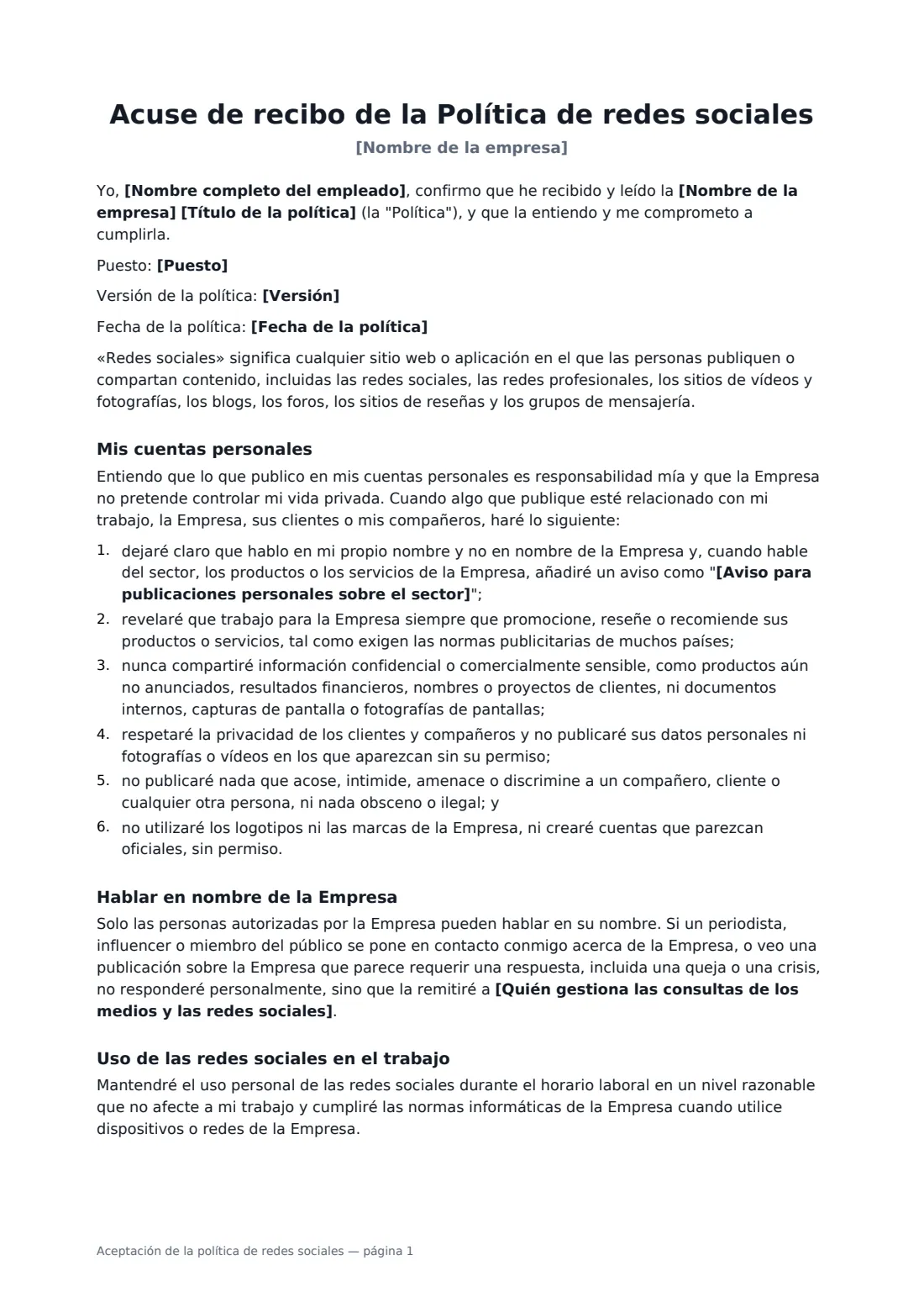 Aceptación de la política de redes sociales: página 1 de 2