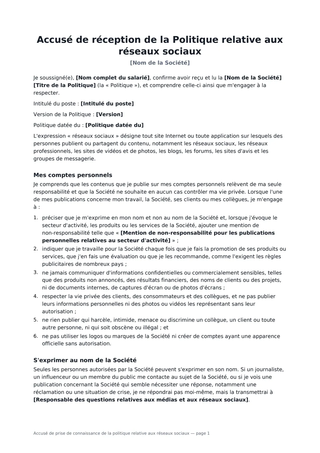 Accusé de prise de connaissance de la politique relative aux réseaux sociaux — page 1 sur 2