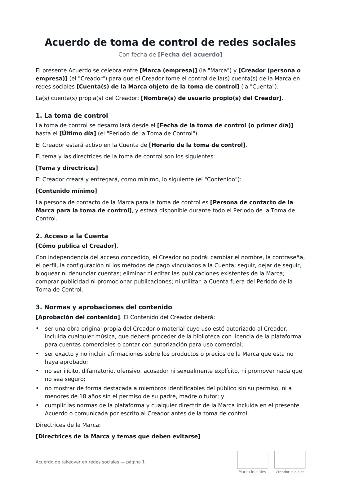 Acuerdo de takeover en redes sociales: página 1 de 3