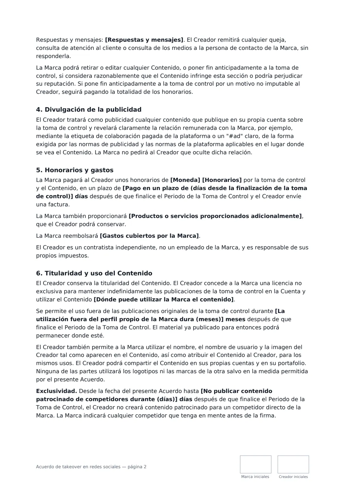 Acuerdo de takeover en redes sociales: página 2 de 3
