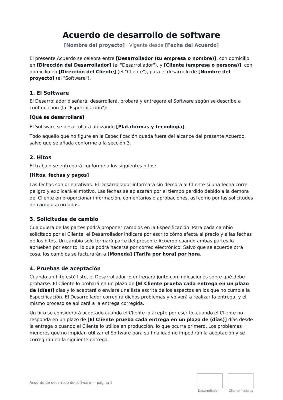 Acuerdo de desarrollo de software: página 1 de 4