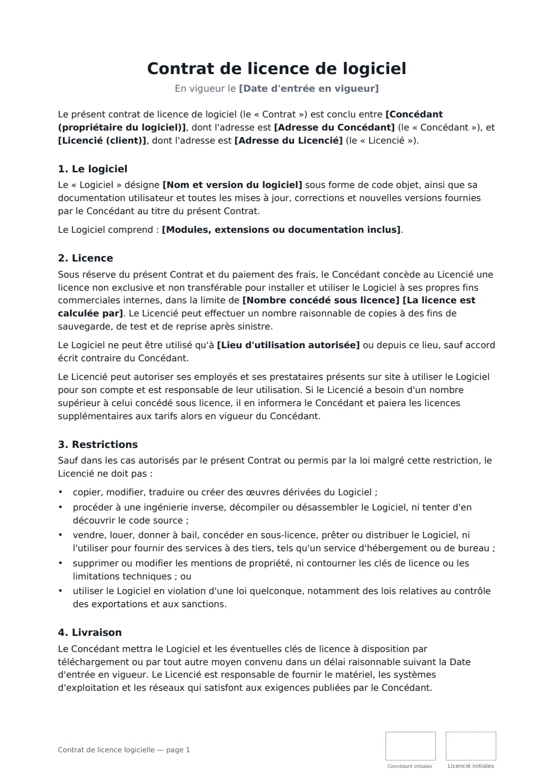 Contrat de licence logicielle — page 1 sur 4
