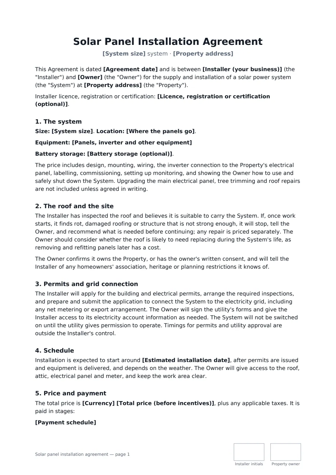 Solar panel installation agreement — page 1 of 3