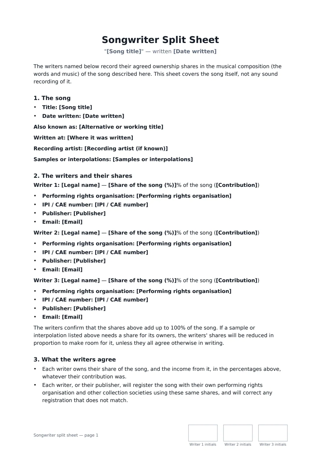 Songwriter split sheet — page 1 of 2