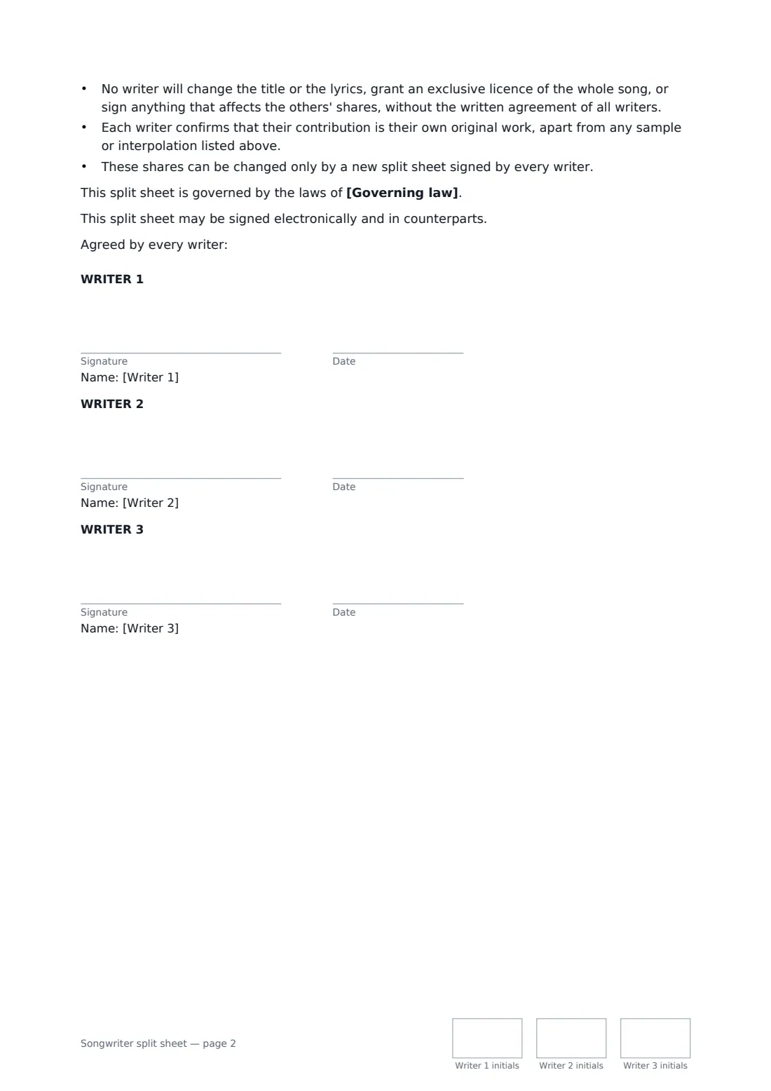 Songwriter split sheet — page 2 of 2
