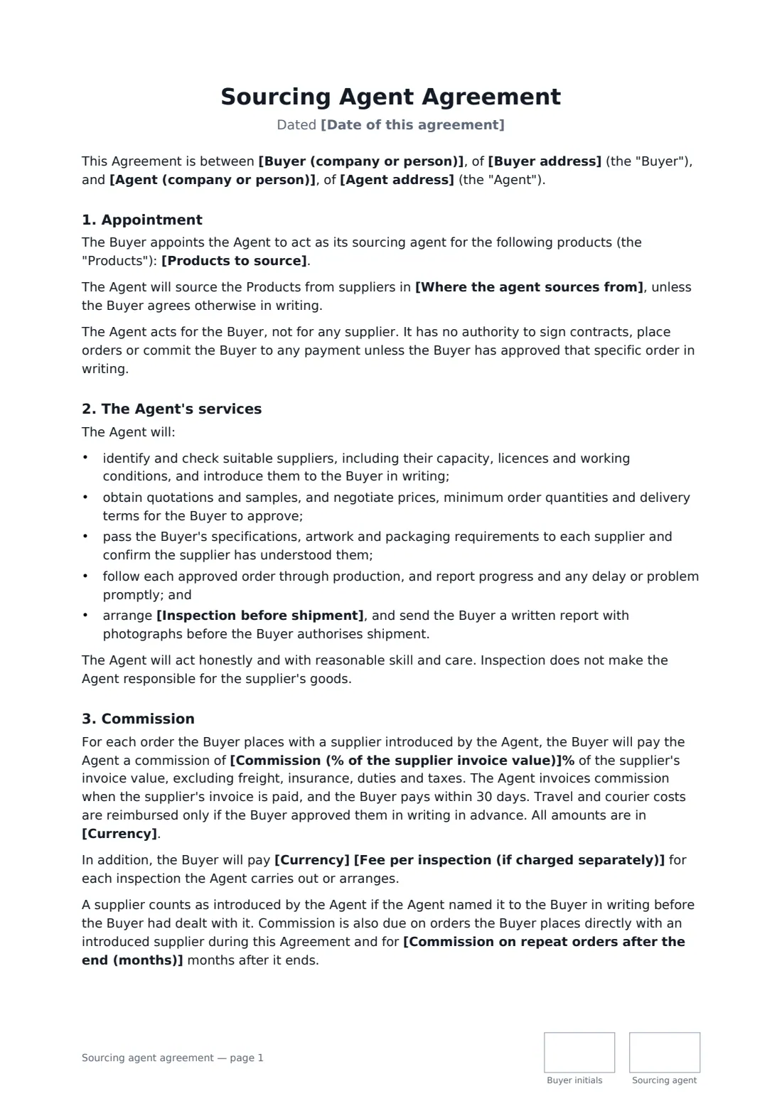 Sourcing agent agreement — page 1 of 2