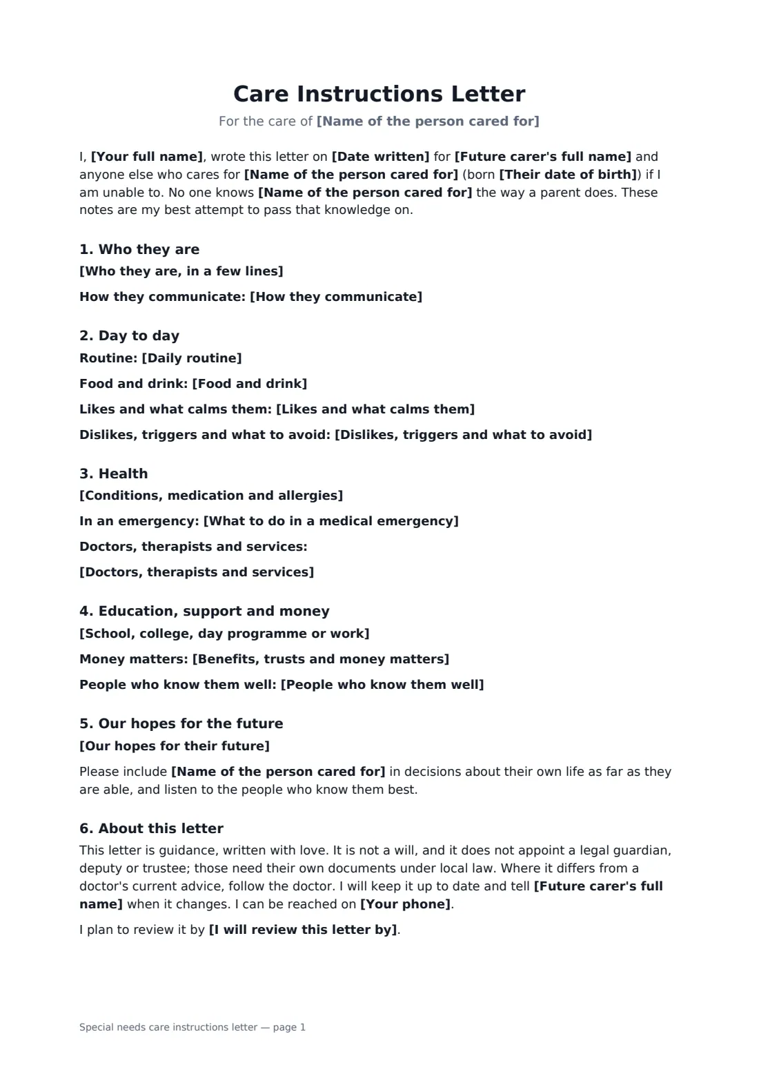 Special needs care instructions letter — page 1 of 2