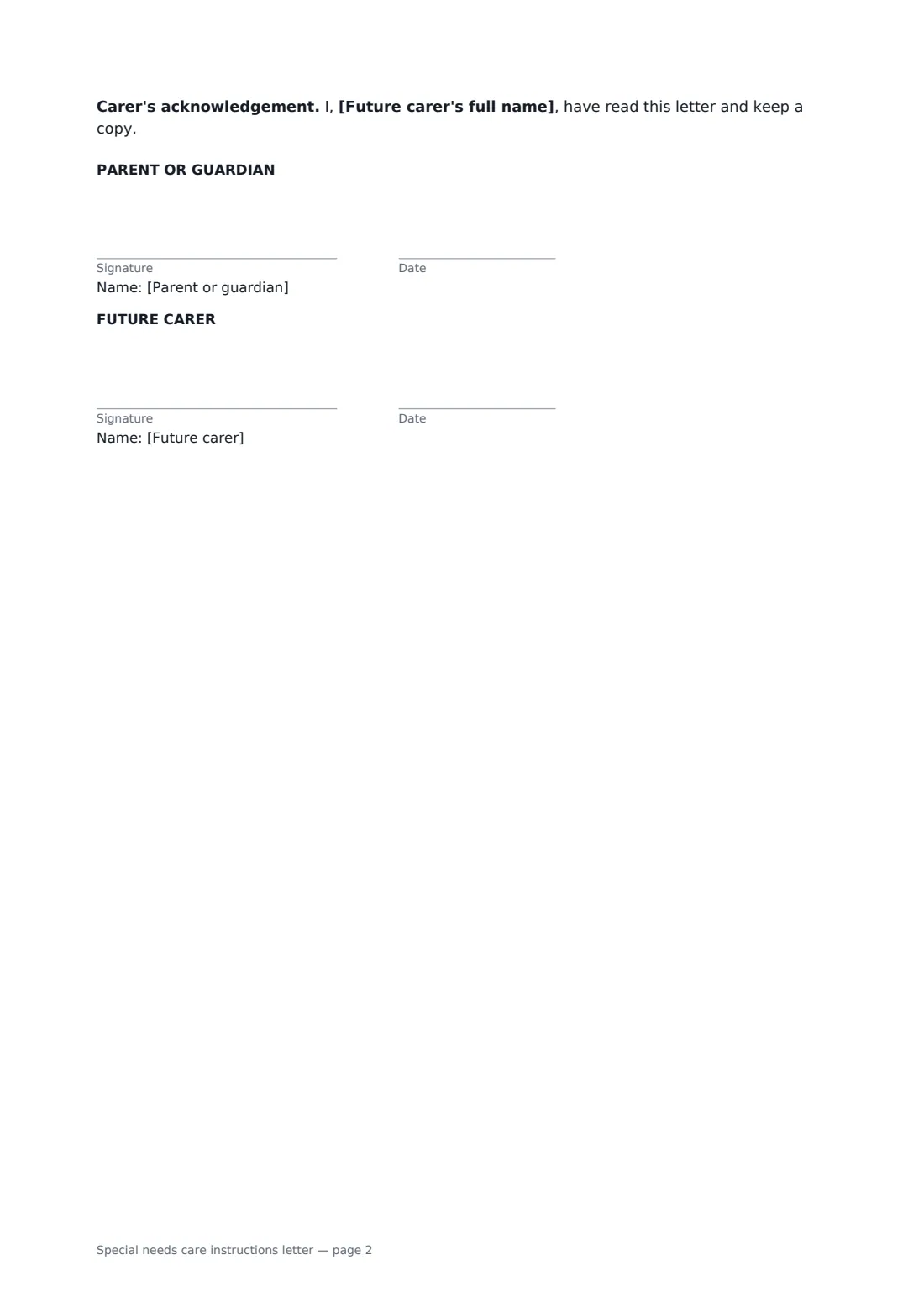 Special needs care instructions letter — page 2 of 2