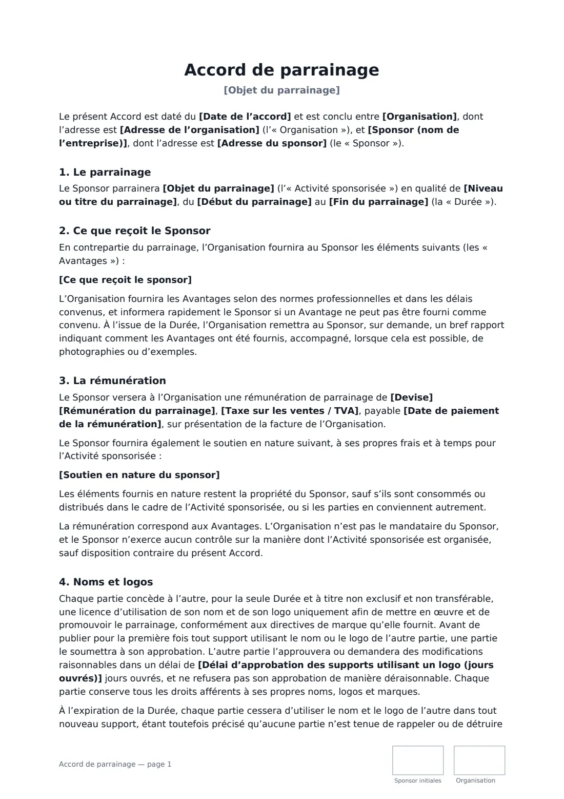 Accord de parrainage — page 1 sur 3