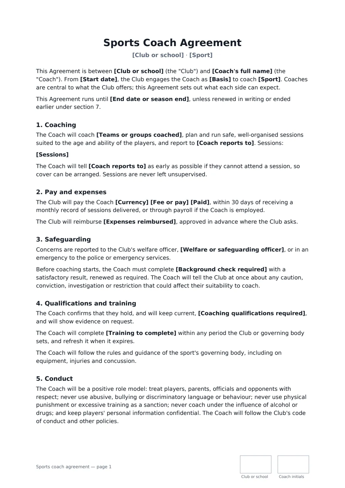 Sports coach agreement — page 1 of 2