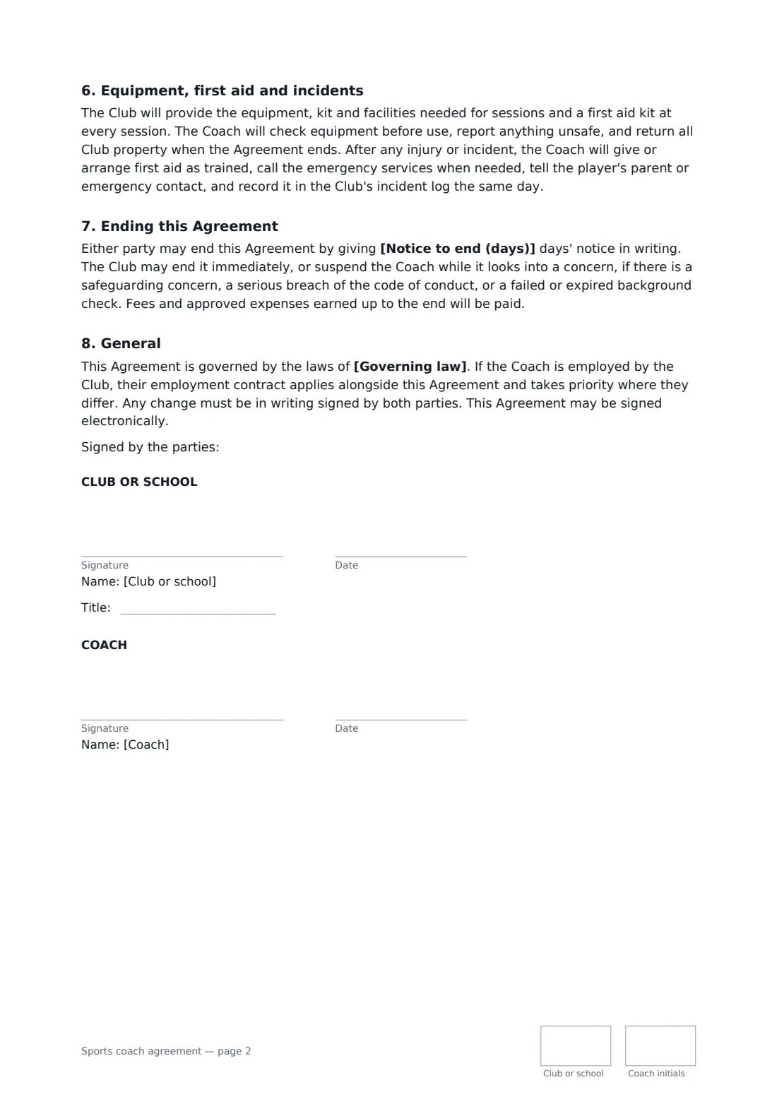 Sports coach agreement — page 2 of 2