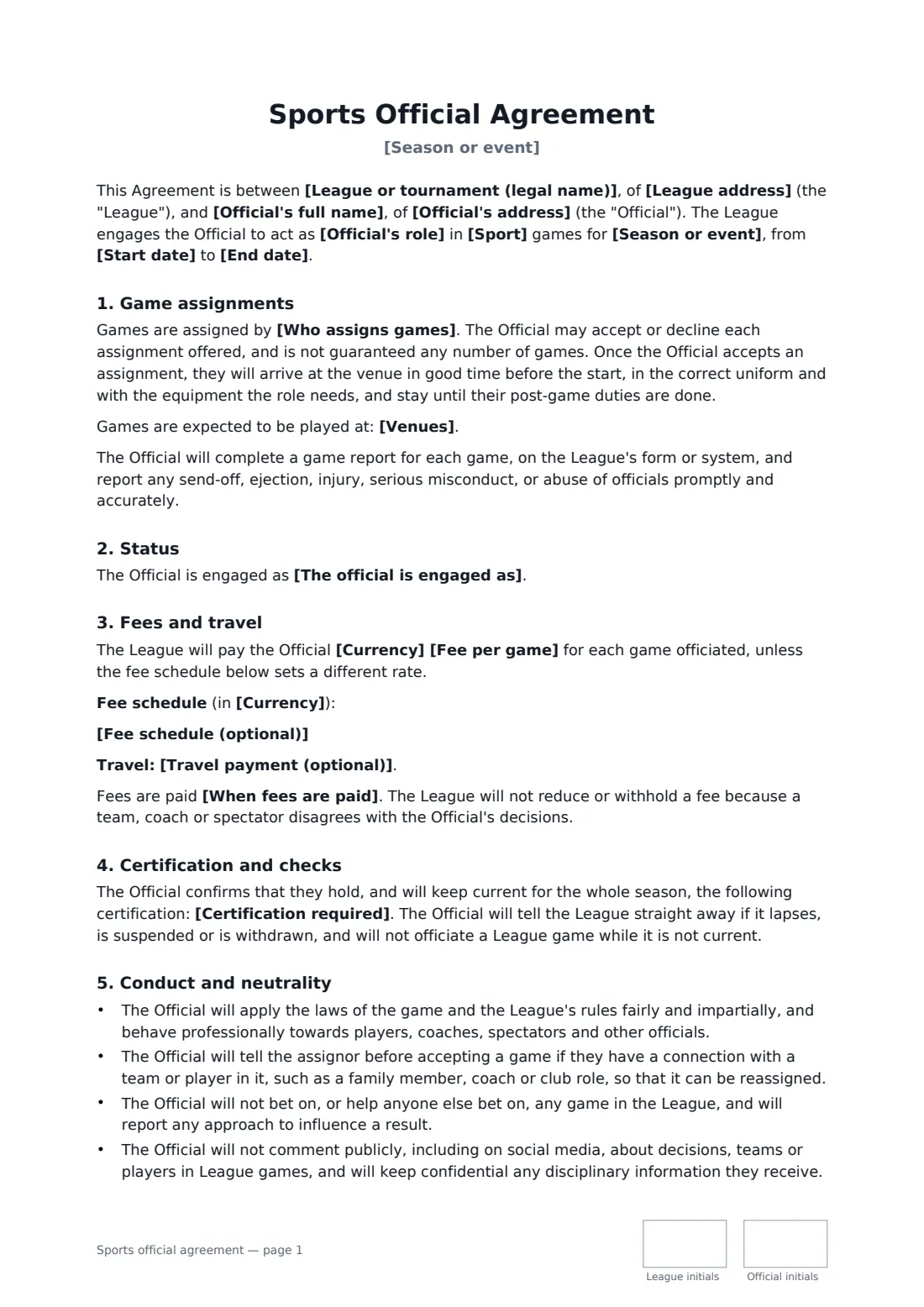 Sports official agreement — page 1 of 3