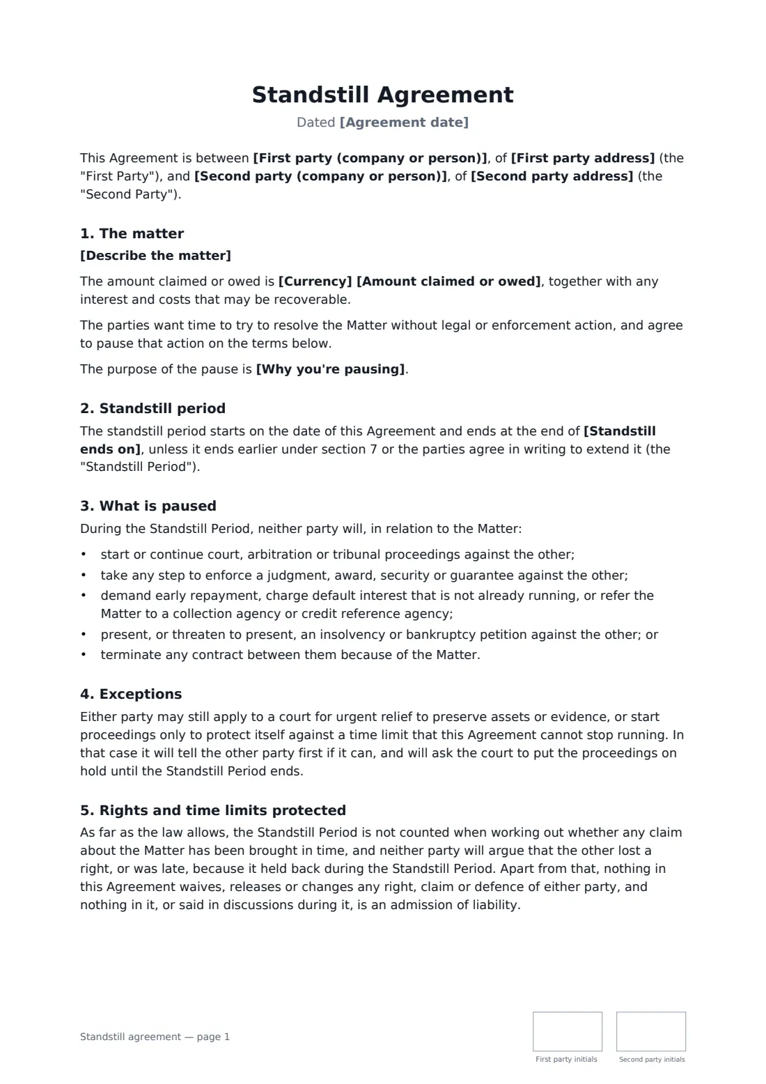 Standstill agreement — page 1 of 2