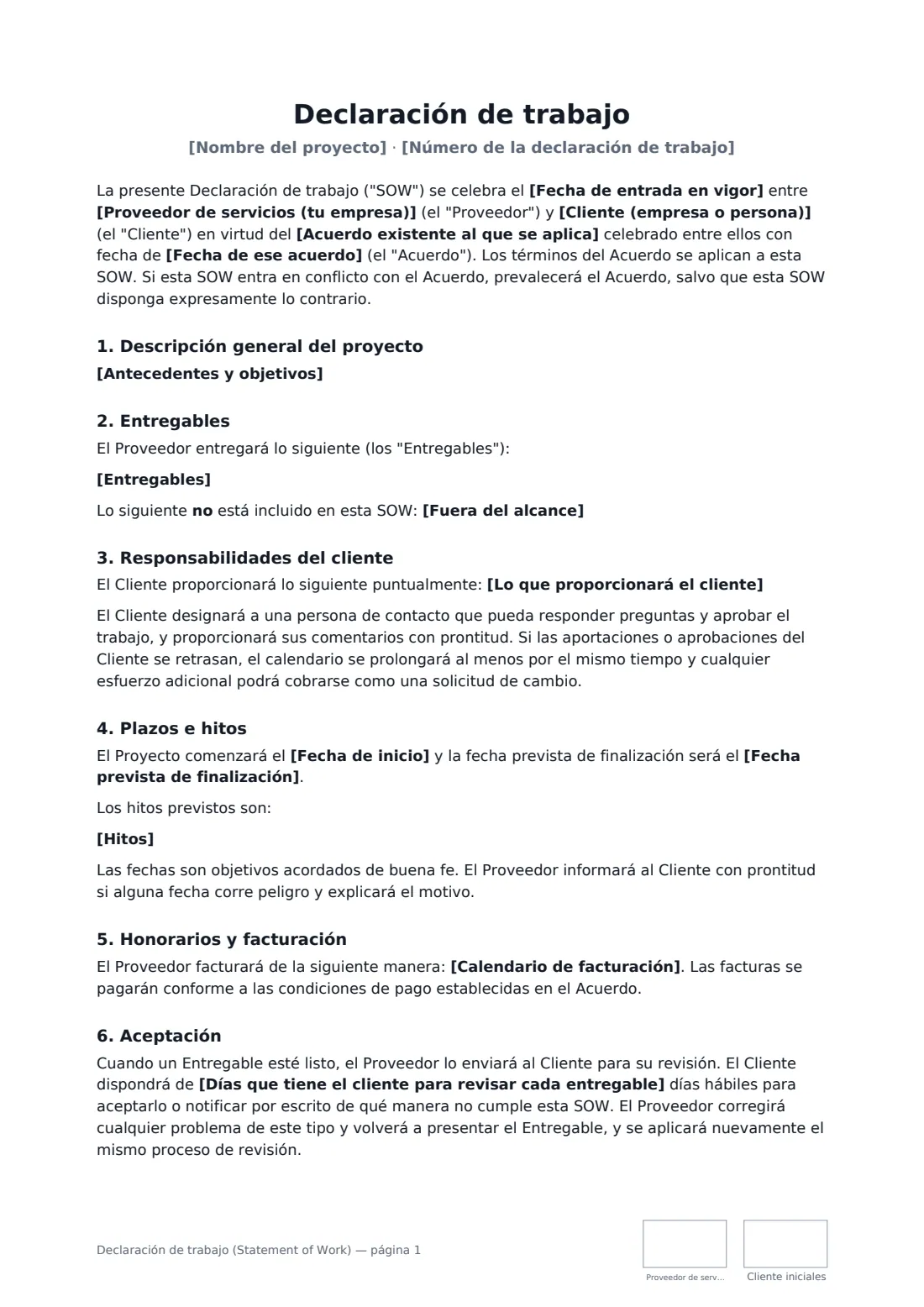Declaración de trabajo (Statement of Work): página 1 de 2