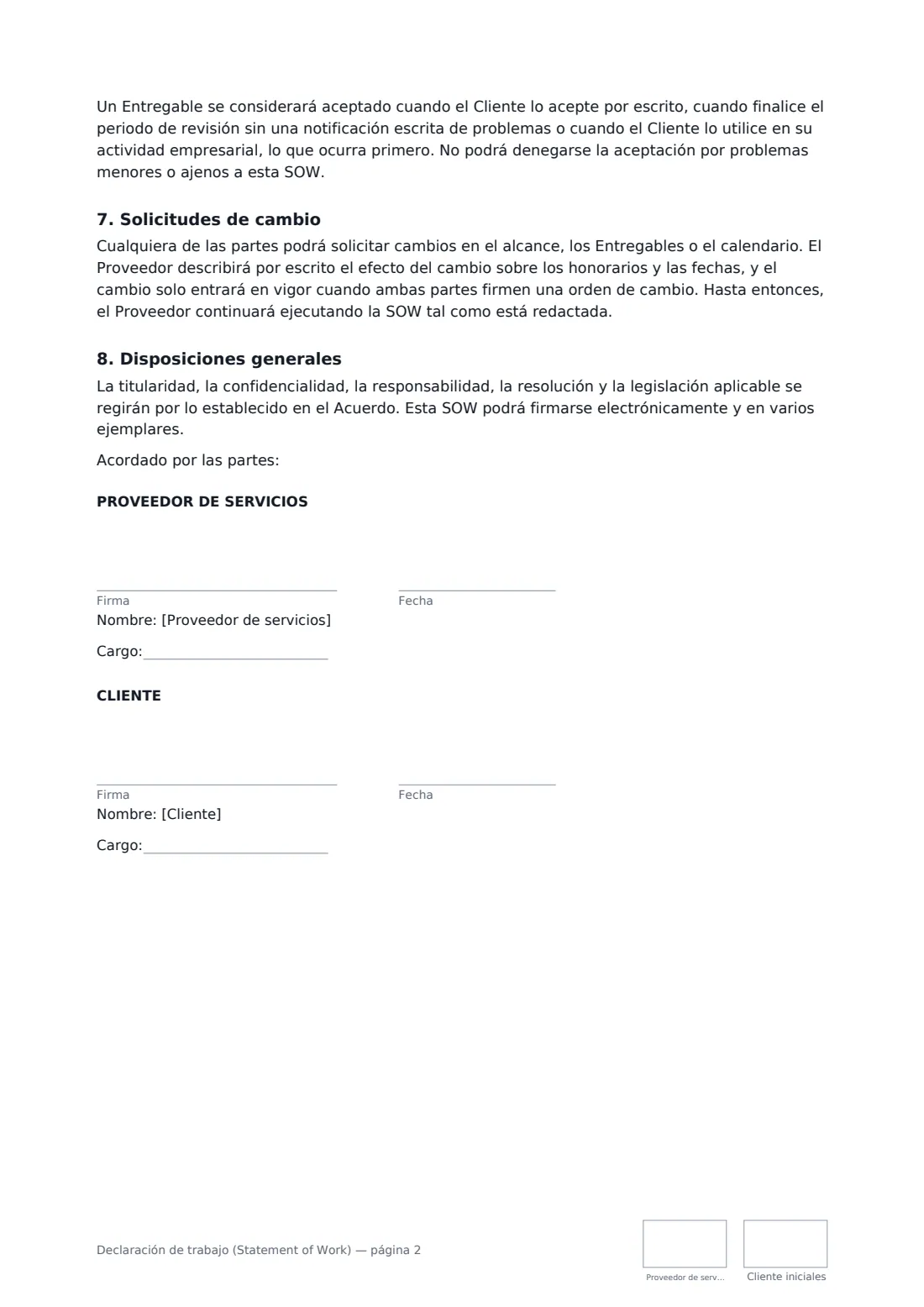 Declaración de trabajo (Statement of Work): página 2 de 2