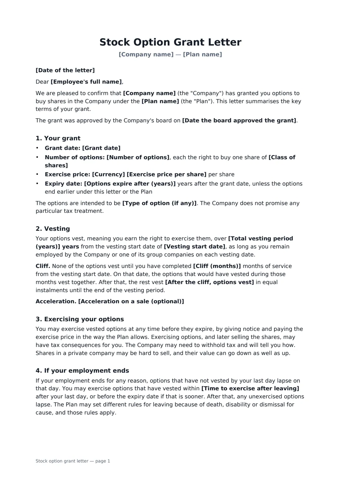 Stock option grant letter — page 1 of 2