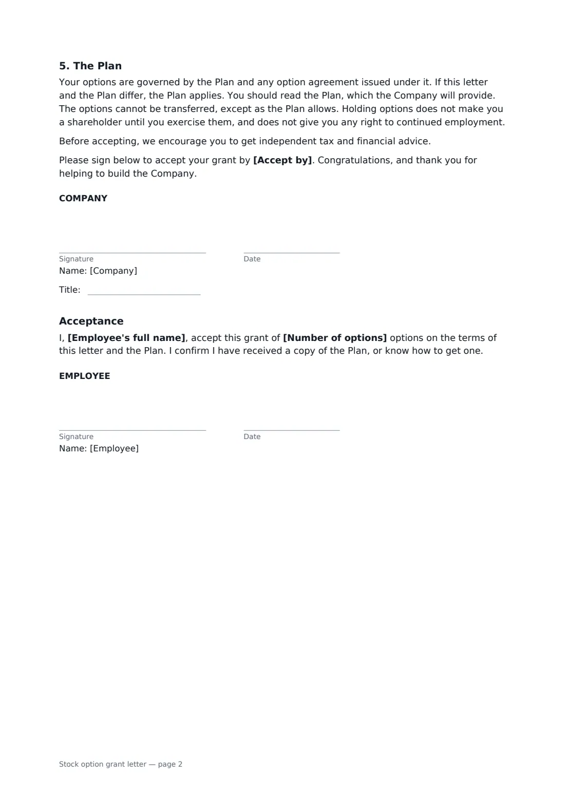 Stock option grant letter — page 2 of 2