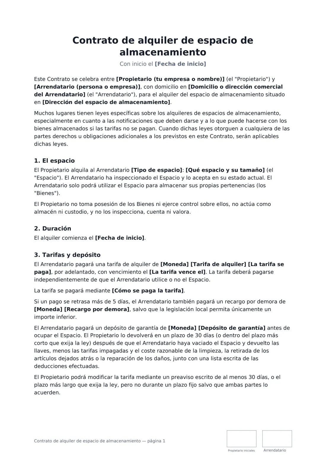 Contrato de alquiler de espacio de almacenamiento: página 1 de 4